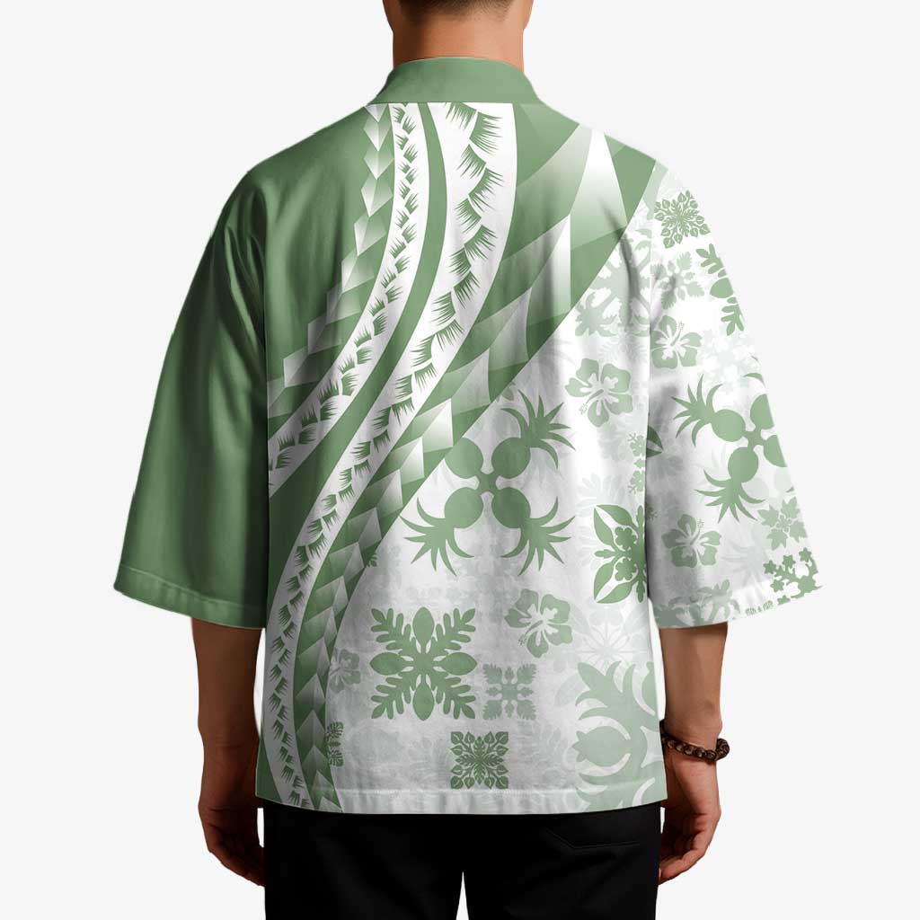 Green Hawaiian Quilt Pattern Kimono Mixed Polynesian Tribal Arty - Polynesian Pride