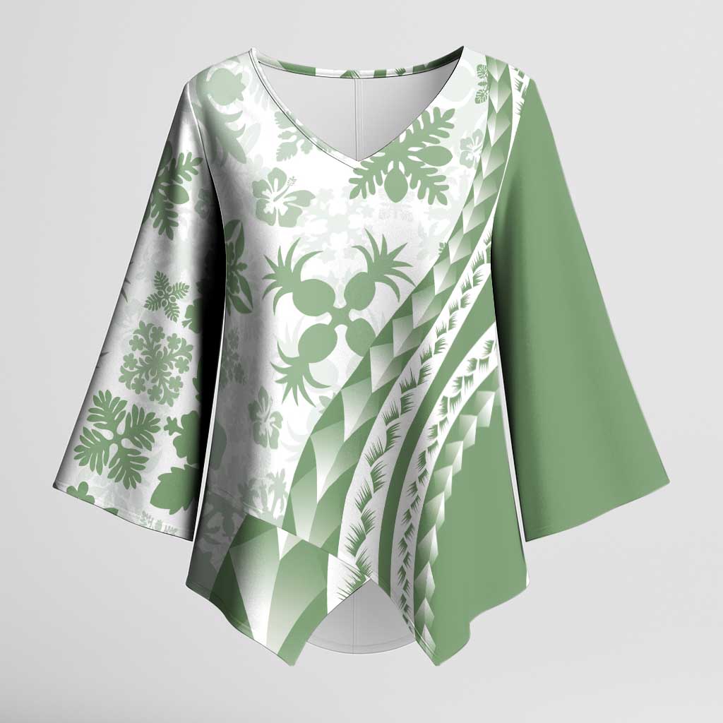 Green Hawaiian Quilt Pattern Kimono Sleeve Blouse Mixed Polynesian Tribal Arty - Polynesian Pride