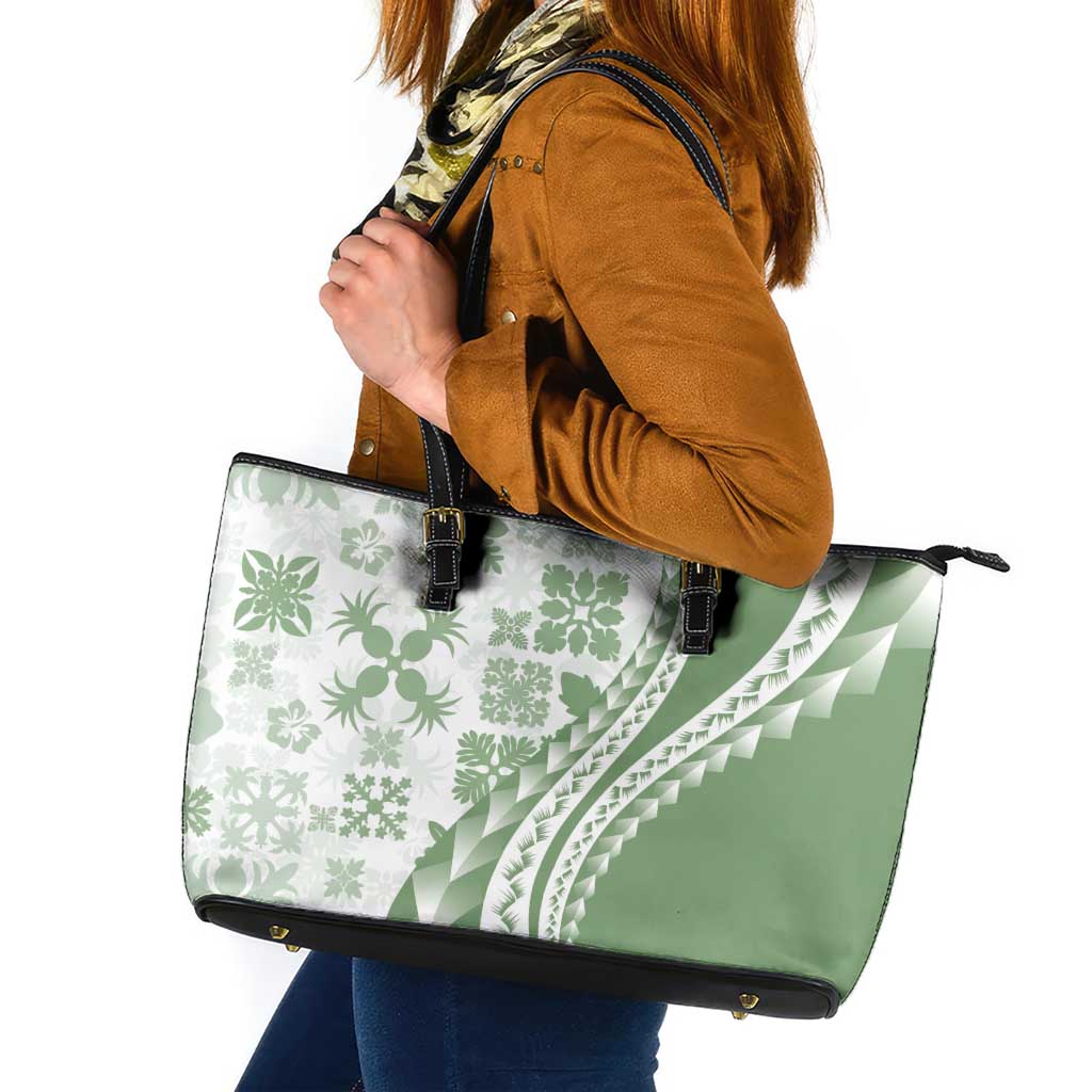 Green Hawaiian Quilt Pattern Leather Tote Bag Mixed Polynesian Tribal Arty LT9 Green - Polynesian Pride
