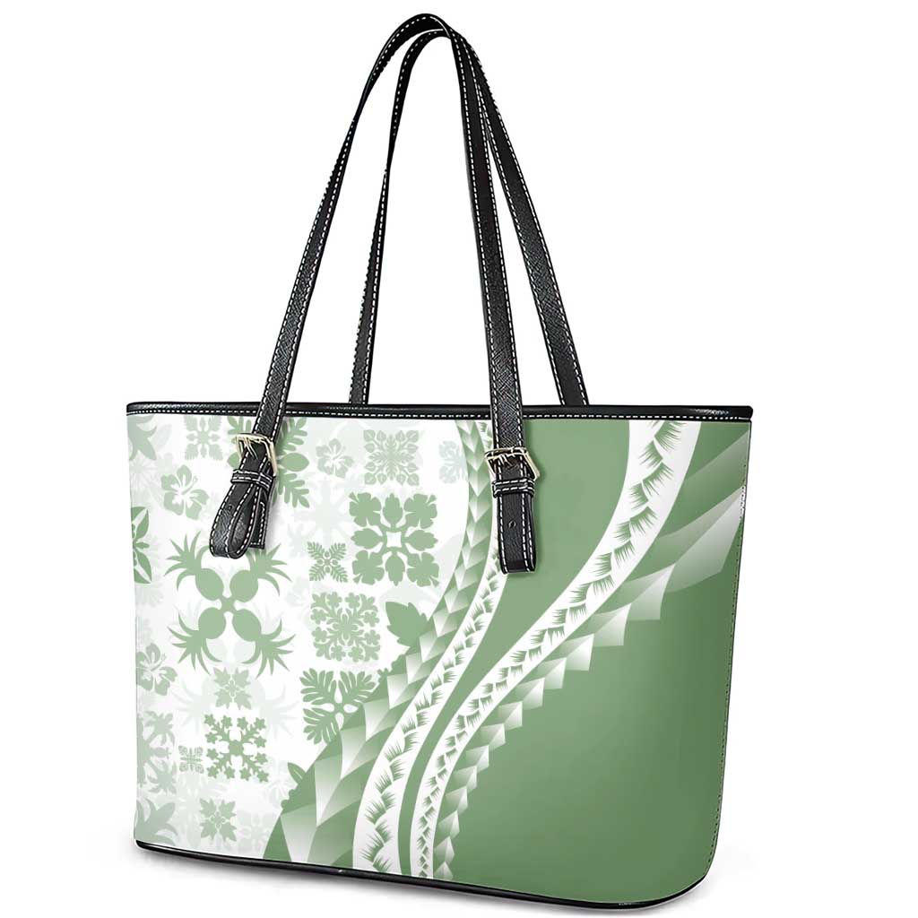 Green Hawaiian Quilt Pattern Leather Tote Bag Mixed Polynesian Tribal Arty LT9 - Polynesian Pride