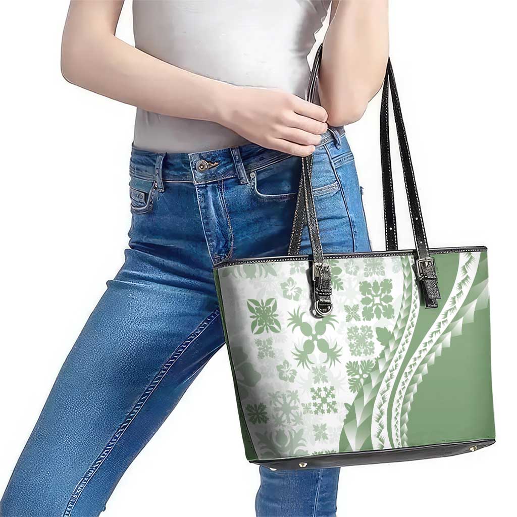 Green Hawaiian Quilt Pattern Leather Tote Bag Mixed Polynesian Tribal Arty LT9 - Polynesian Pride