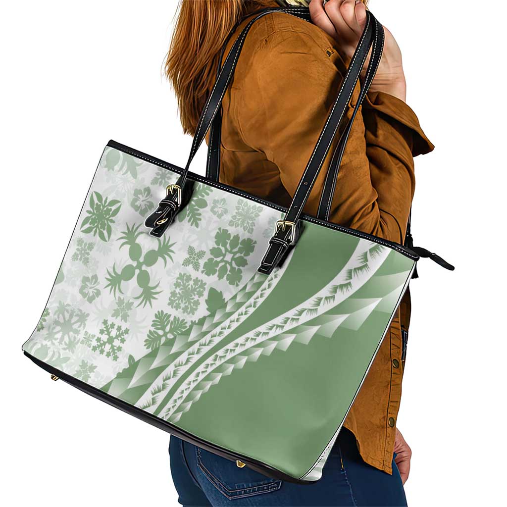 Green Hawaiian Quilt Pattern Leather Tote Bag Mixed Polynesian Tribal Arty LT9 - Polynesian Pride