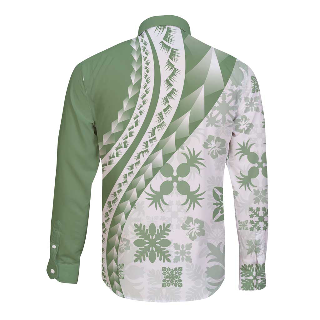 Green Hawaiian Quilt Pattern Long Sleeve Button Shirt Mixed Polynesian Tribal Arty LT9 - Polynesian Pride