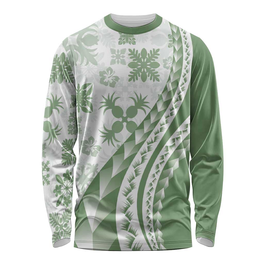Green Hawaiian Quilt Pattern Long Sleeve Shirt Mixed Polynesian Tribal Arty LT9 Unisex Green - Polynesian Pride