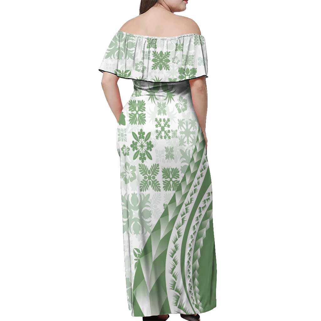Green Hawaiian Quilt Pattern Off Shoulder Maxi Dress Mixed Polynesian Tribal Arty