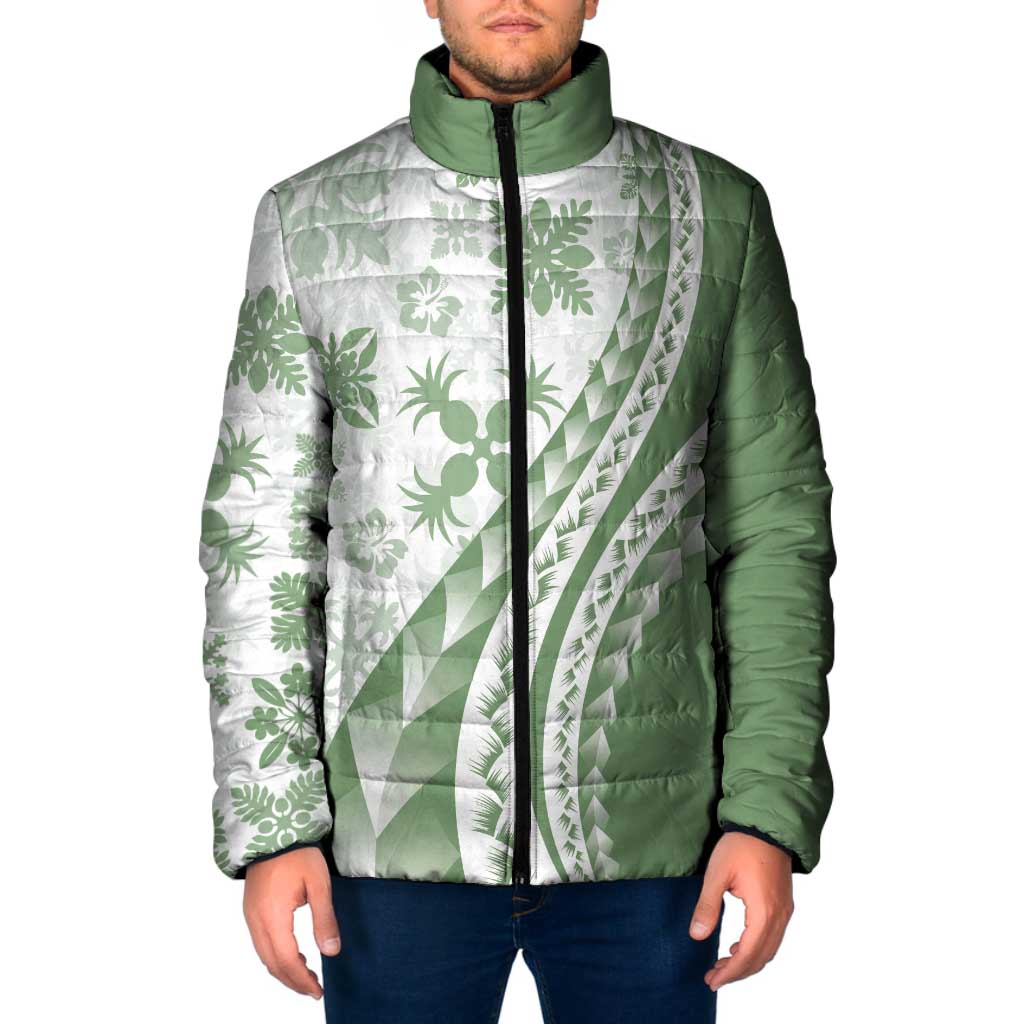 Green Hawaiian Quilt Pattern Padded Jacket Mixed Polynesian Tribal Arty - Polynesian Pride