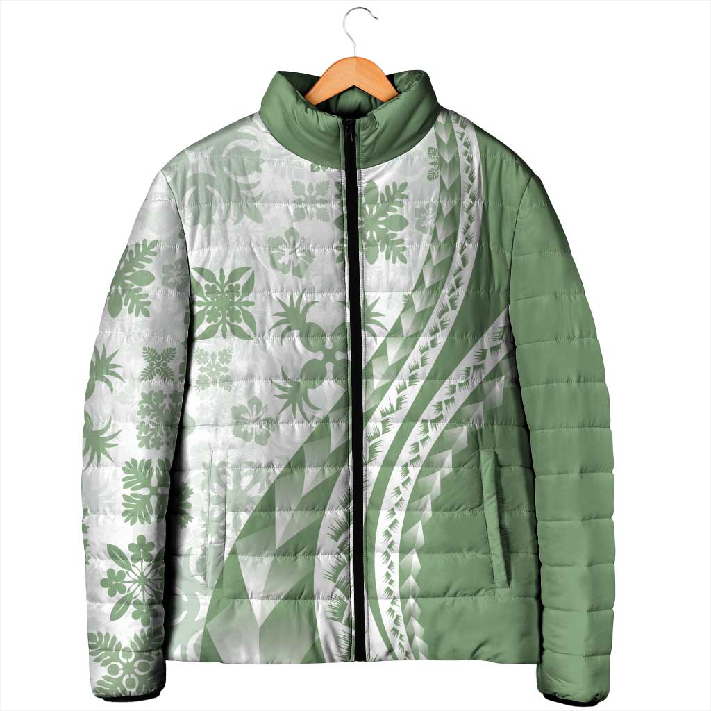 Green Hawaiian Quilt Pattern Padded Jacket Mixed Polynesian Tribal Arty - Polynesian Pride