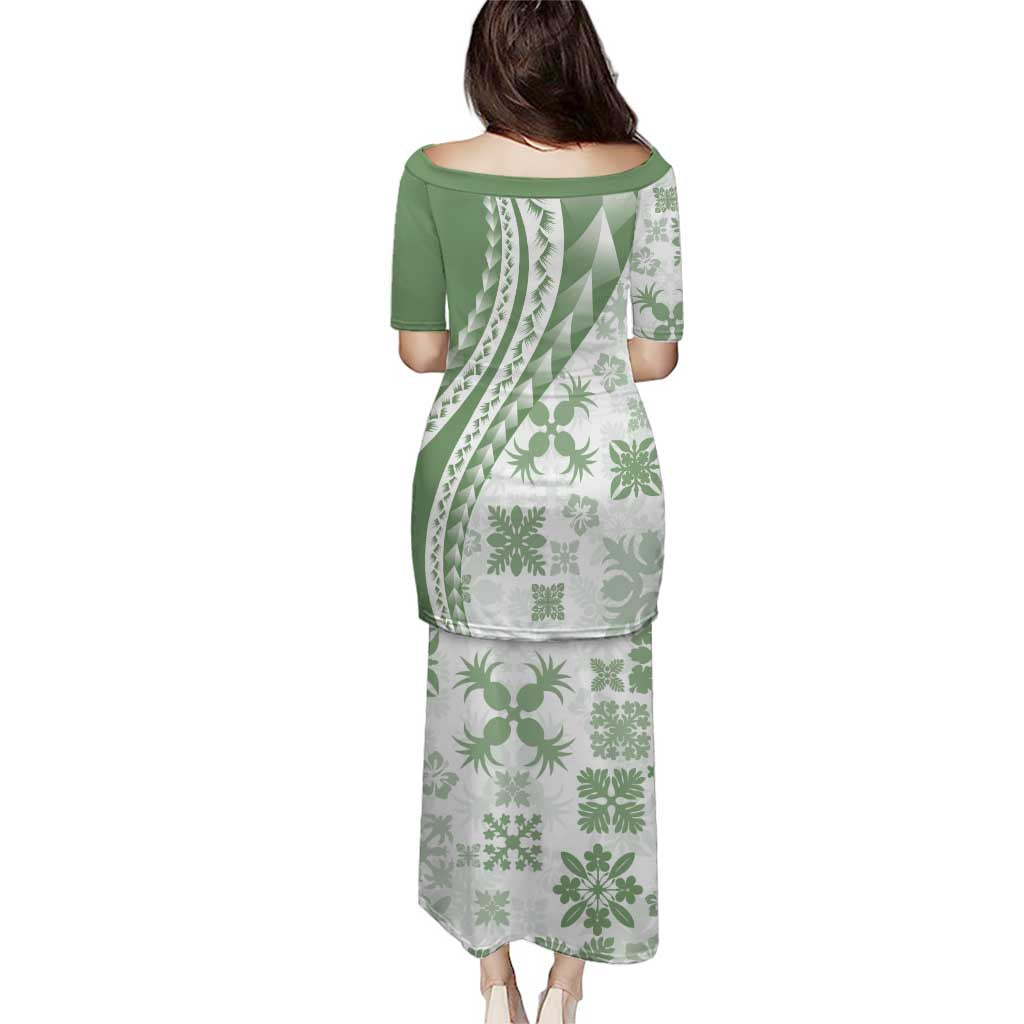 Green Hawaiian Quilt Pattern Puletasi Mixed Polynesian Tribal Arty