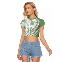 Green Hawaiian Quilt Pattern Raglan Cropped T Shirt Mixed Polynesian Tribal Arty LT9 Female Green - Polynesian Pride