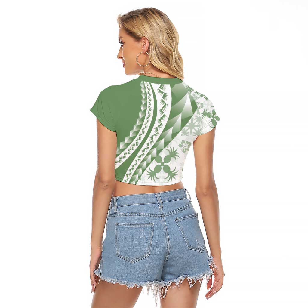 Green Hawaiian Quilt Pattern Raglan Cropped T Shirt Mixed Polynesian Tribal Arty LT9 - Polynesian Pride