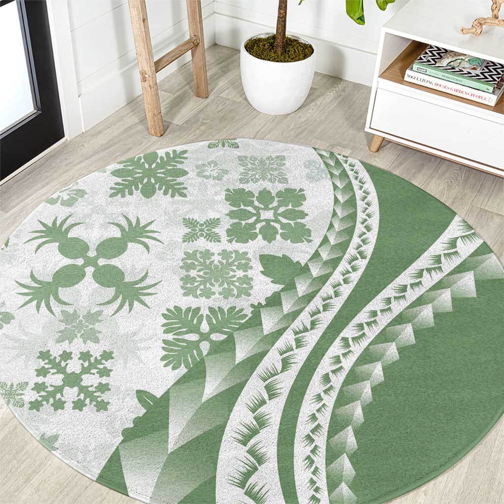 Green Hawaiian Quilt Pattern Round Carpet Mixed Polynesian Tribal Arty