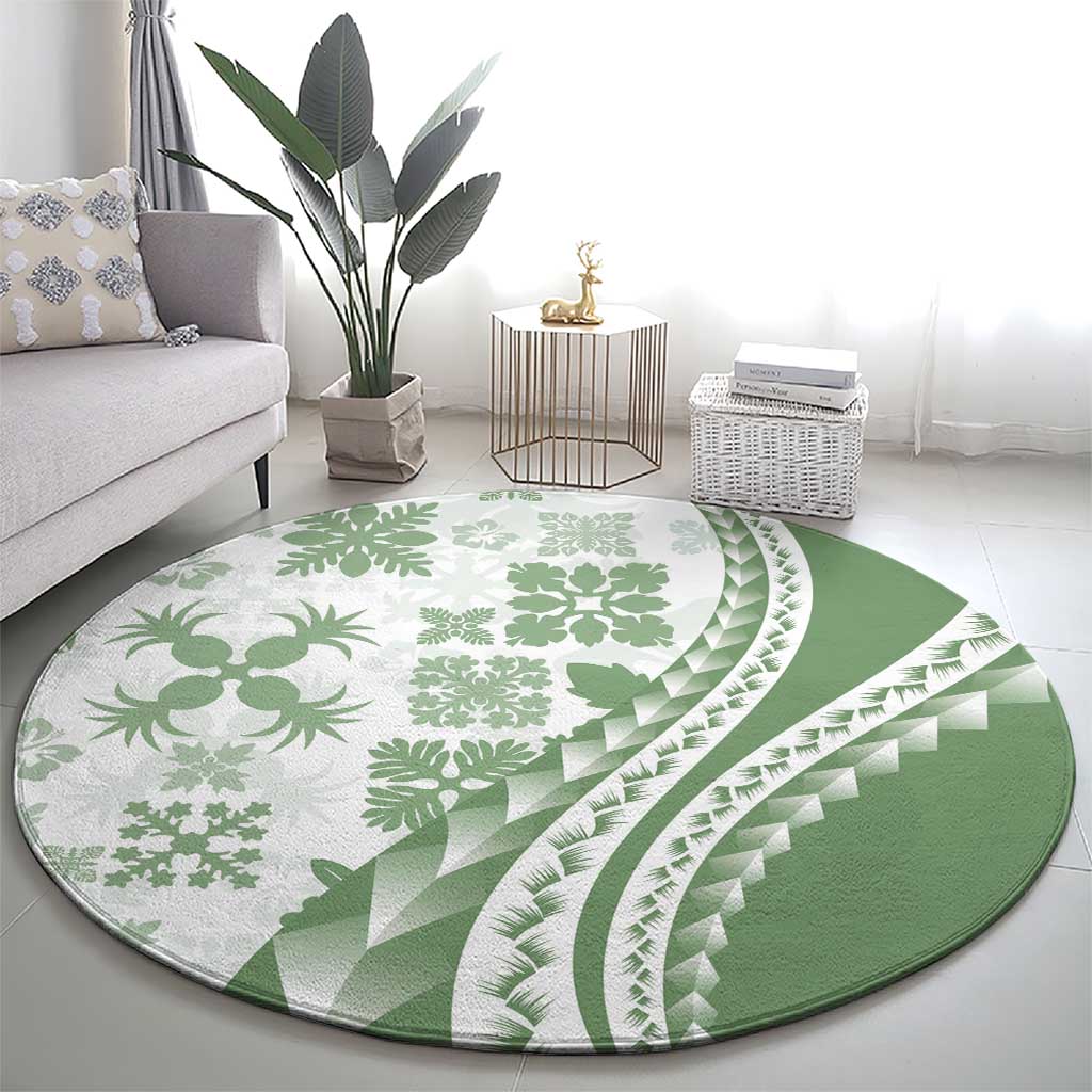 Green Hawaiian Quilt Pattern Round Carpet Mixed Polynesian Tribal Arty