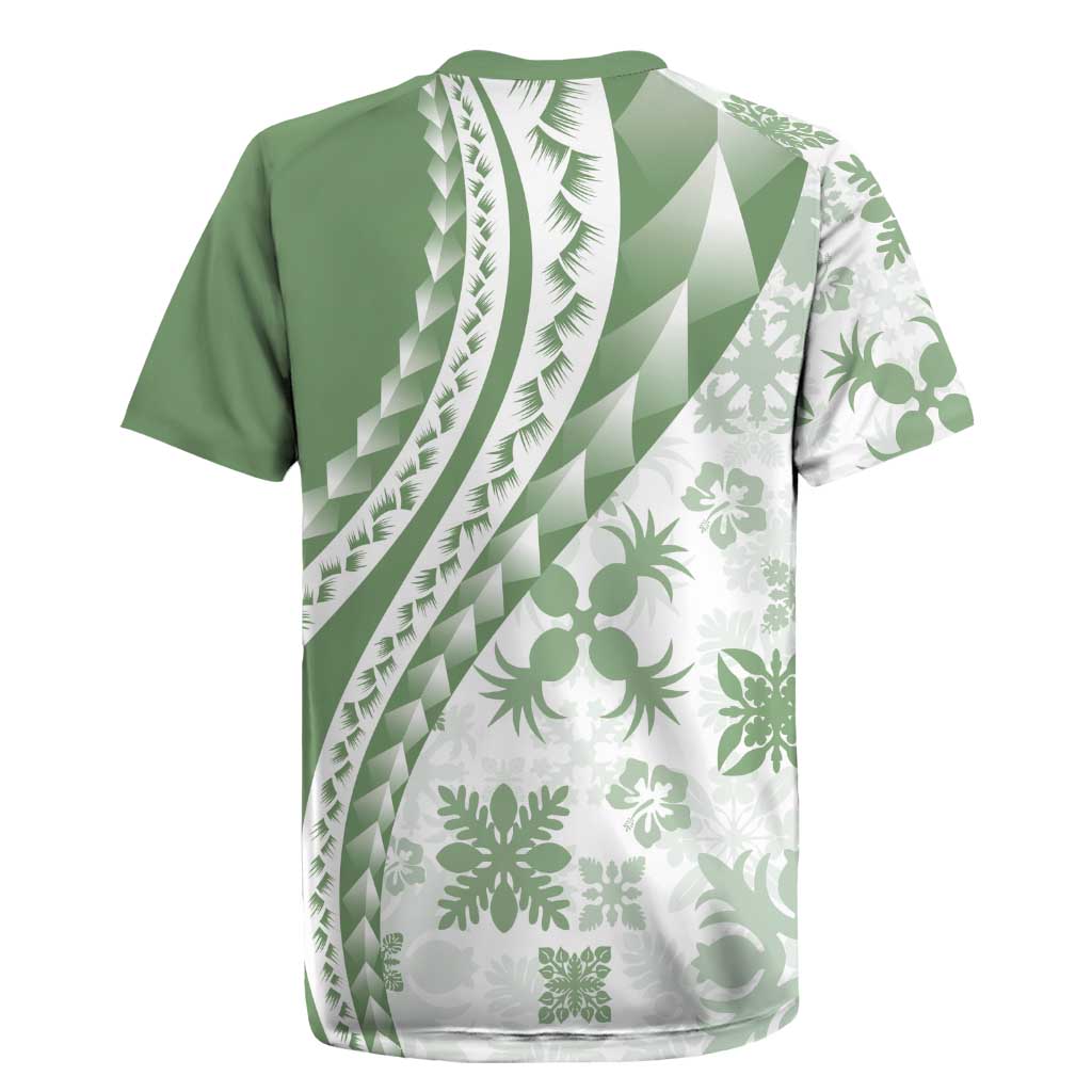 Green Hawaiian Quilt Pattern Rugby Jersey Mixed Polynesian Tribal Arty LT9 - Polynesian Pride