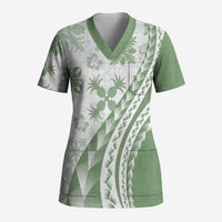 Green Hawaiian Quilt Pattern Scrub Top Mixed Polynesian Tribal Arty - Polynesian Pride