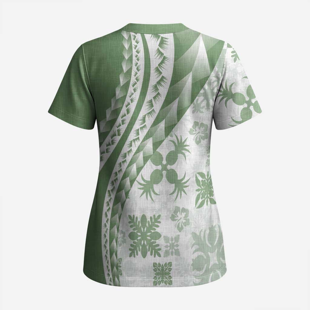 Green Hawaiian Quilt Pattern Scrub Top Mixed Polynesian Tribal Arty - Polynesian Pride