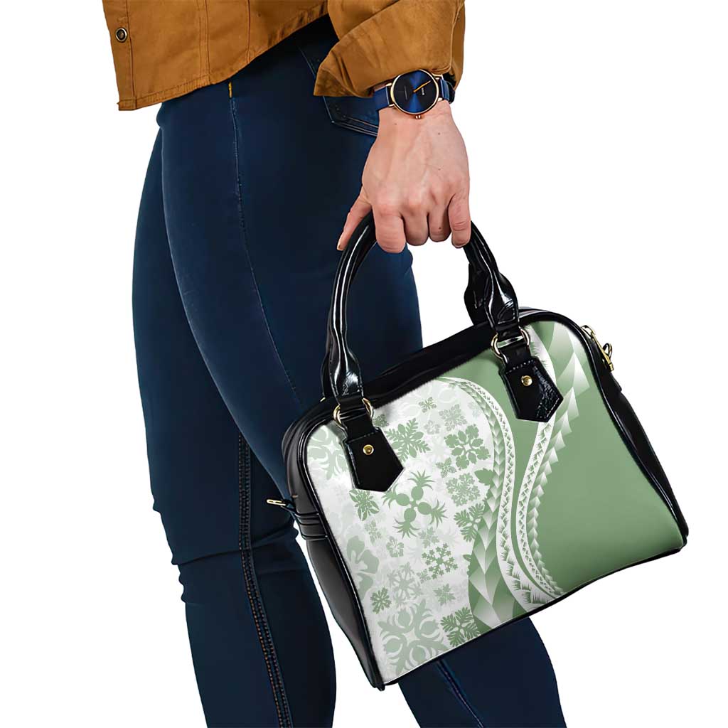 Green Hawaiian Quilt Pattern Shoulder Handbag Mixed Polynesian Tribal Arty