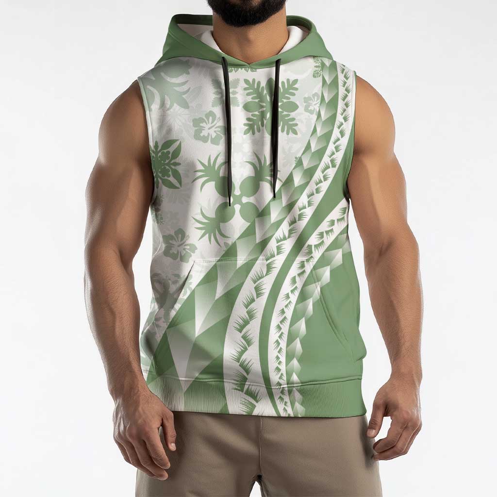 Green Hawaiian Quilt Pattern Sleeveless Hoodie Mixed Polynesian Tribal Arty - Polynesian Pride