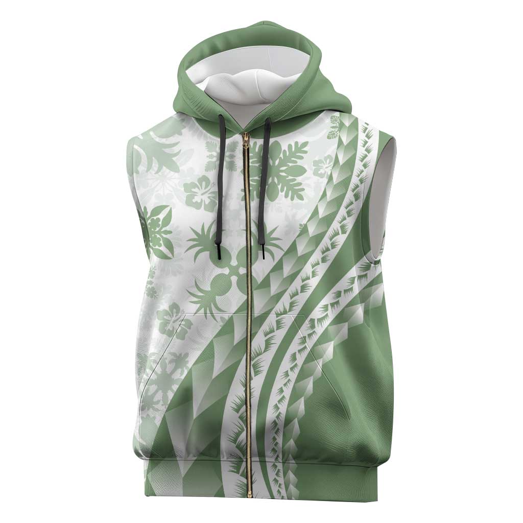 Green Hawaiian Quilt Pattern Sleeveless Zip Hoodie Mixed Polynesian Tribal Arty - Polynesian Pride