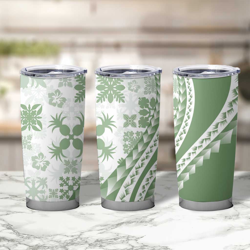 Green Hawaiian Quilt Pattern Tumbler Cup Mixed Polynesian Tribal Arty