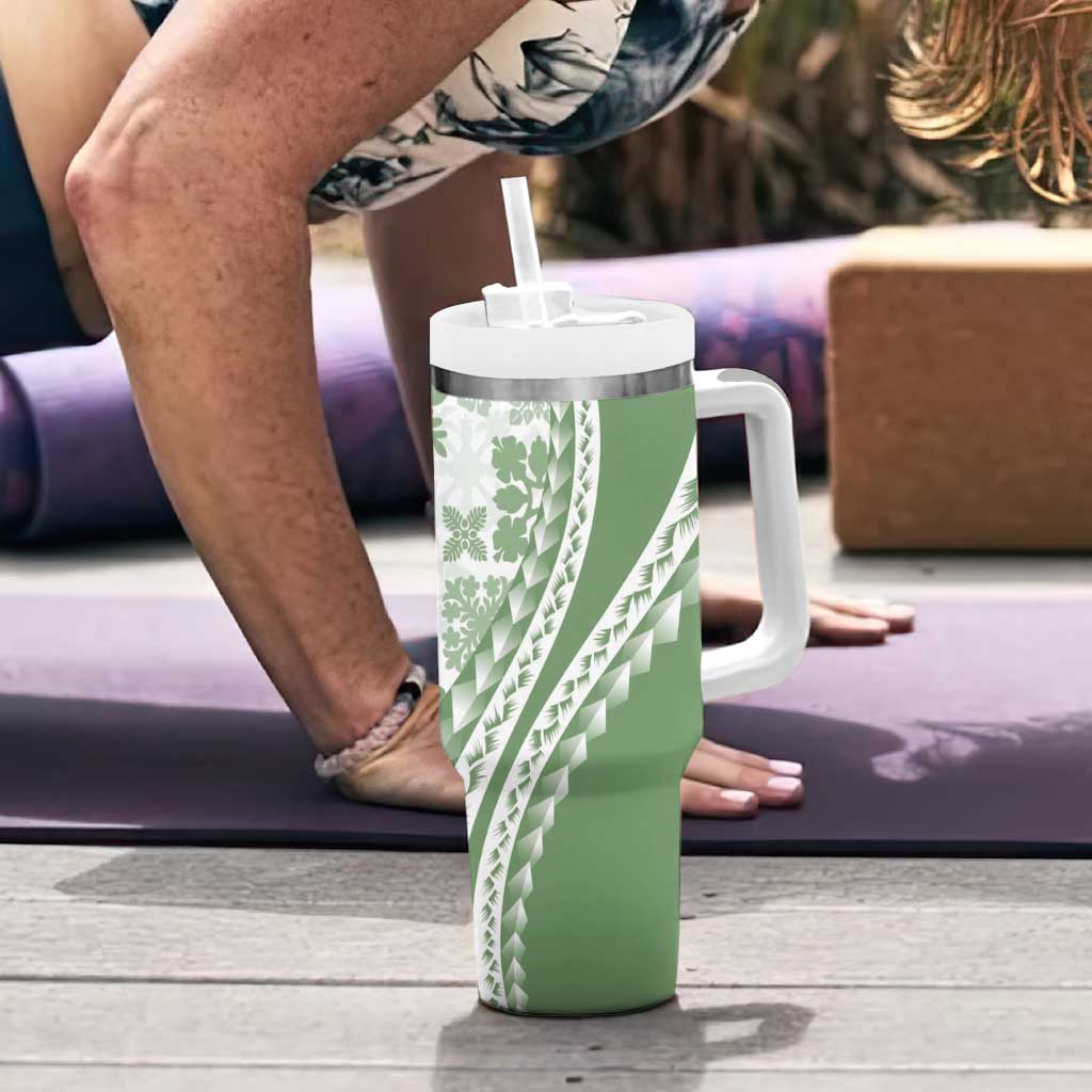 Green Hawaiian Quilt Pattern Tumbler With Handle Mixed Polynesian Tribal Arty