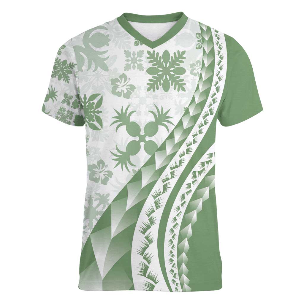 Green Hawaiian Quilt Pattern Women V-Neck T-Shirt Mixed Polynesian Tribal Arty LT9 Female Green - Polynesian Pride
