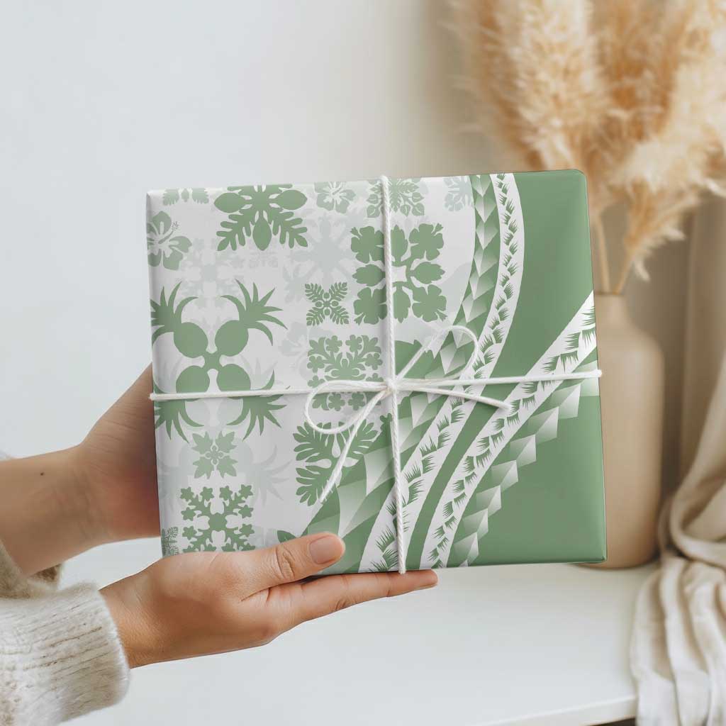 Green Hawaiian Quilt Pattern Wrapping Paper Mixed Polynesian Tribal Arty - Polynesian Pride