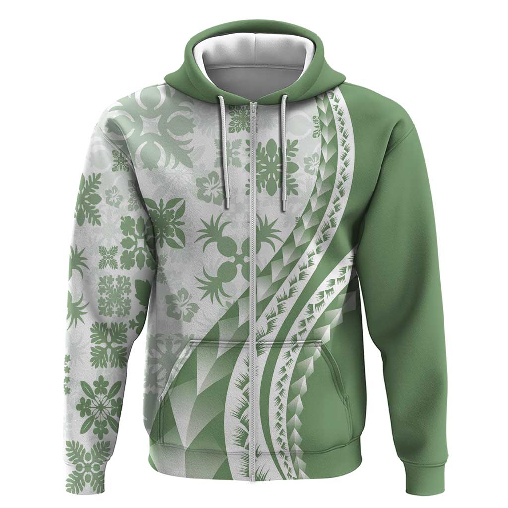 Green Hawaiian Quilt Pattern Zip Hoodie Mixed Polynesian Tribal Arty