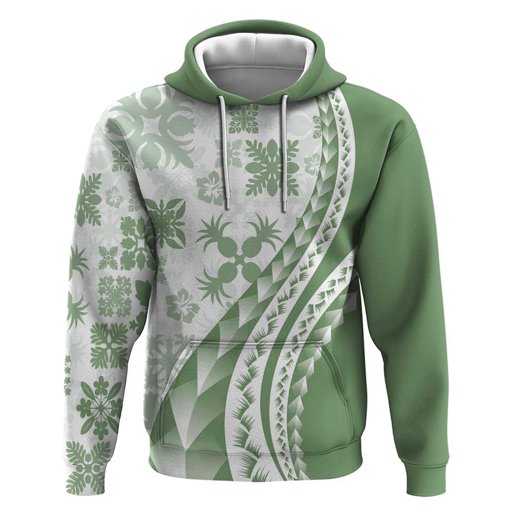 Green Hawaiian Quilt Pattern Zip Hoodie Mixed Polynesian Tribal Arty