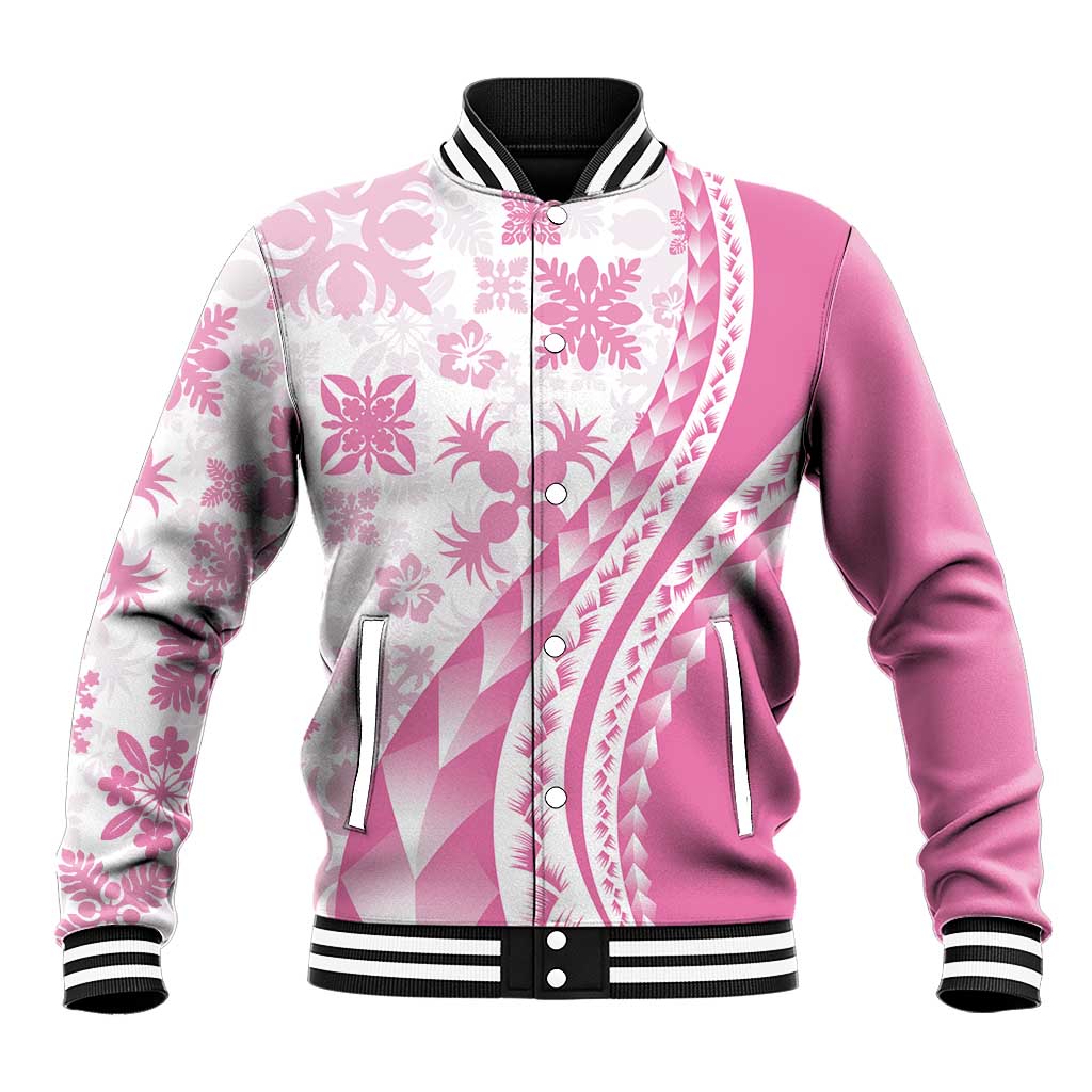 Pink Hawaiian Quilt Pattern Baseball Jacket Mixed Polynesian Tribal Arty LT9 Unisex Pink - Polynesian Pride