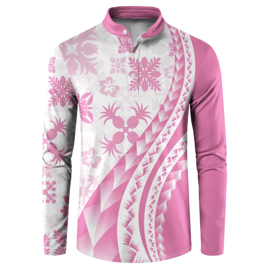 Pink Hawaiian Quilt Pattern Button Sweatshirt Mixed Polynesian Tribal Arty LT9 Pink - Polynesian Pride