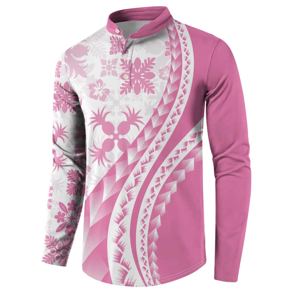 Pink Hawaiian Quilt Pattern Button Sweatshirt Mixed Polynesian Tribal Arty LT9 - Polynesian Pride