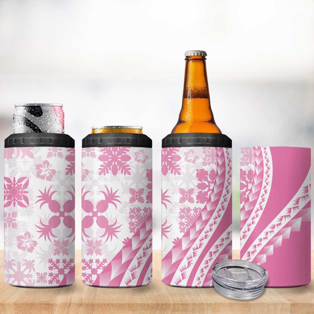 Pink Hawaiian Quilt Pattern 4 in 1 Can Cooler Tumbler Mixed Polynesian Tribal Arty