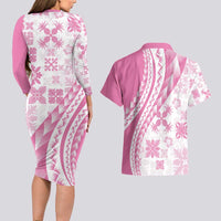 Pink Hawaiian Quilt Pattern Couples Matching Long Sleeve Bodycon Dress and Hawaiian Shirt Mixed Polynesian Tribal Arty LT9 - Polynesian Pride