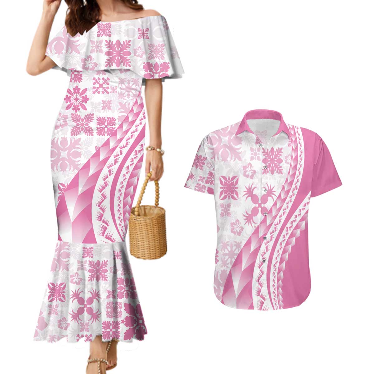 Pink Hawaiian Quilt Pattern Couples Matching Mermaid Dress and Hawaiian Shirt Mixed Polynesian Tribal Arty LT9 Pink - Polynesian Pride