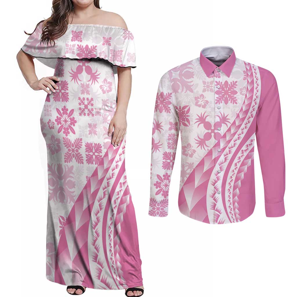 Pink Hawaiian Quilt Pattern Couples Matching Off Shoulder Maxi Dress and Long Sleeve Button Shirt Mixed Polynesian Tribal Arty