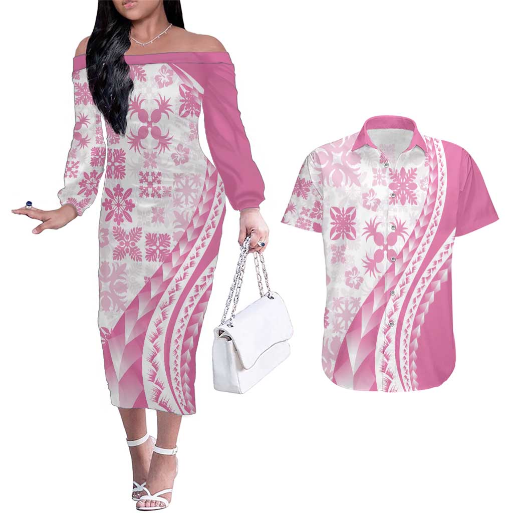 Pink Hawaiian Quilt Pattern Couples Matching Off The Shoulder Long Sleeve Dress and Hawaiian Shirt Mixed Polynesian Tribal Arty LT9 Pink - Polynesian Pride