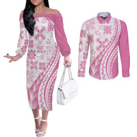 Pink Hawaiian Quilt Pattern Couples Matching Off The Shoulder Long Sleeve Dress and Long Sleeve Button Shirt Mixed Polynesian Tribal Arty LT9 Pink - Polynesian Pride