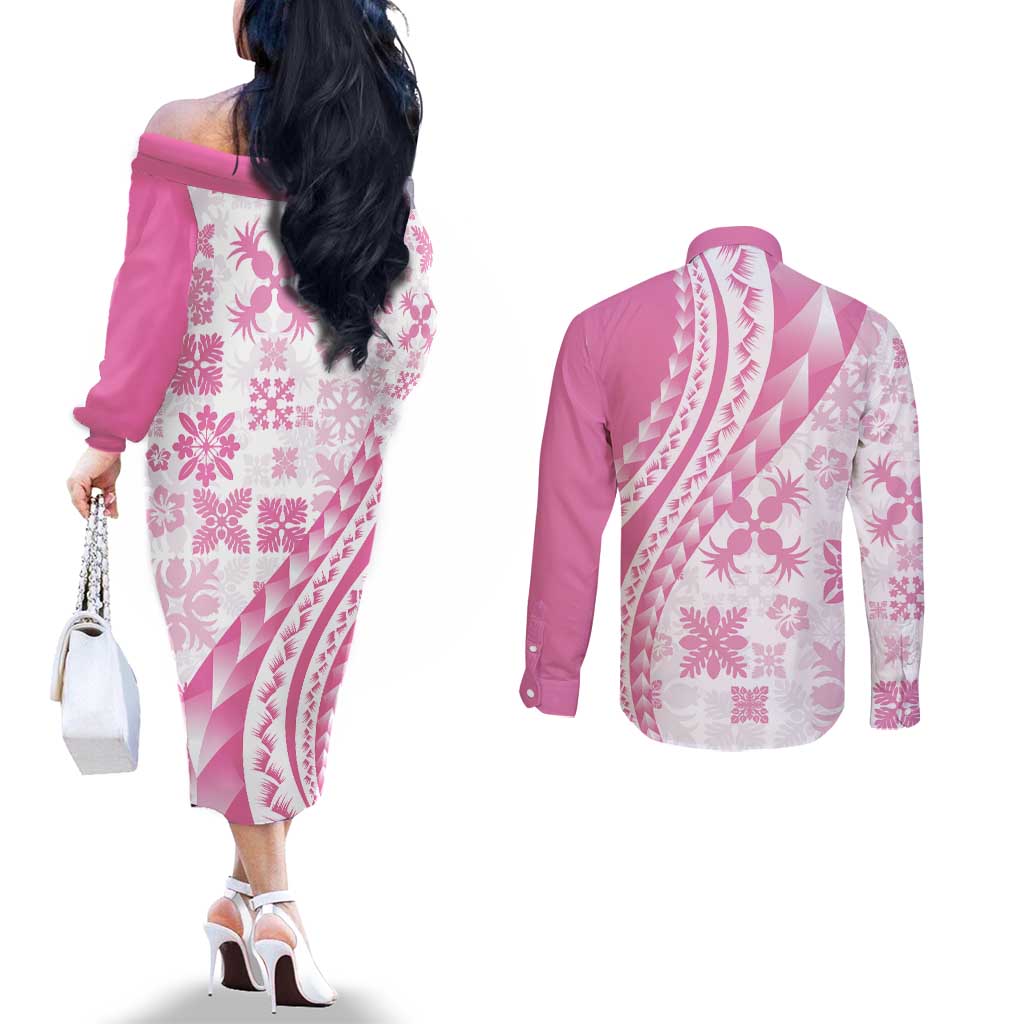 Pink Hawaiian Quilt Pattern Couples Matching Off The Shoulder Long Sleeve Dress and Long Sleeve Button Shirt Mixed Polynesian Tribal Arty LT9 - Polynesian Pride