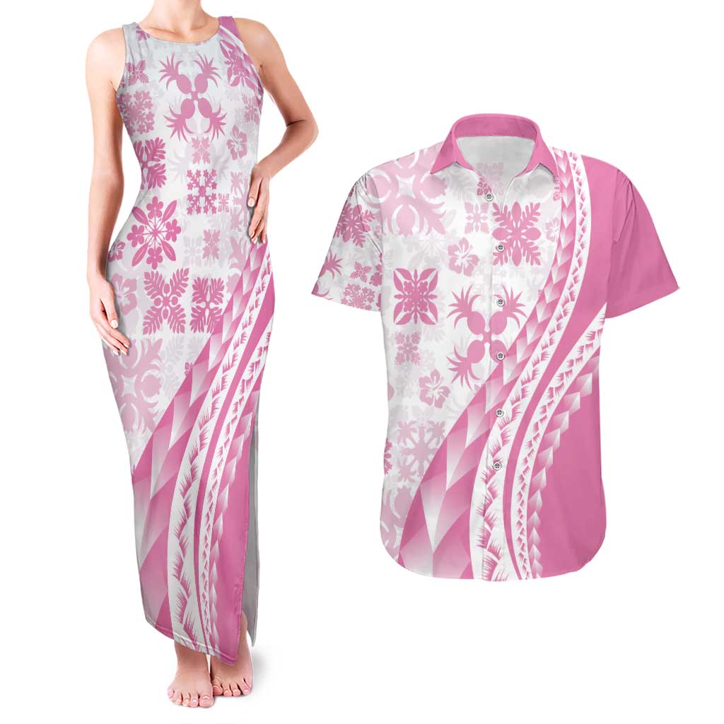 Pink Hawaiian Quilt Pattern Couples Matching Tank Maxi Dress and Hawaiian Shirt Mixed Polynesian Tribal Arty LT9 Pink - Polynesian Pride