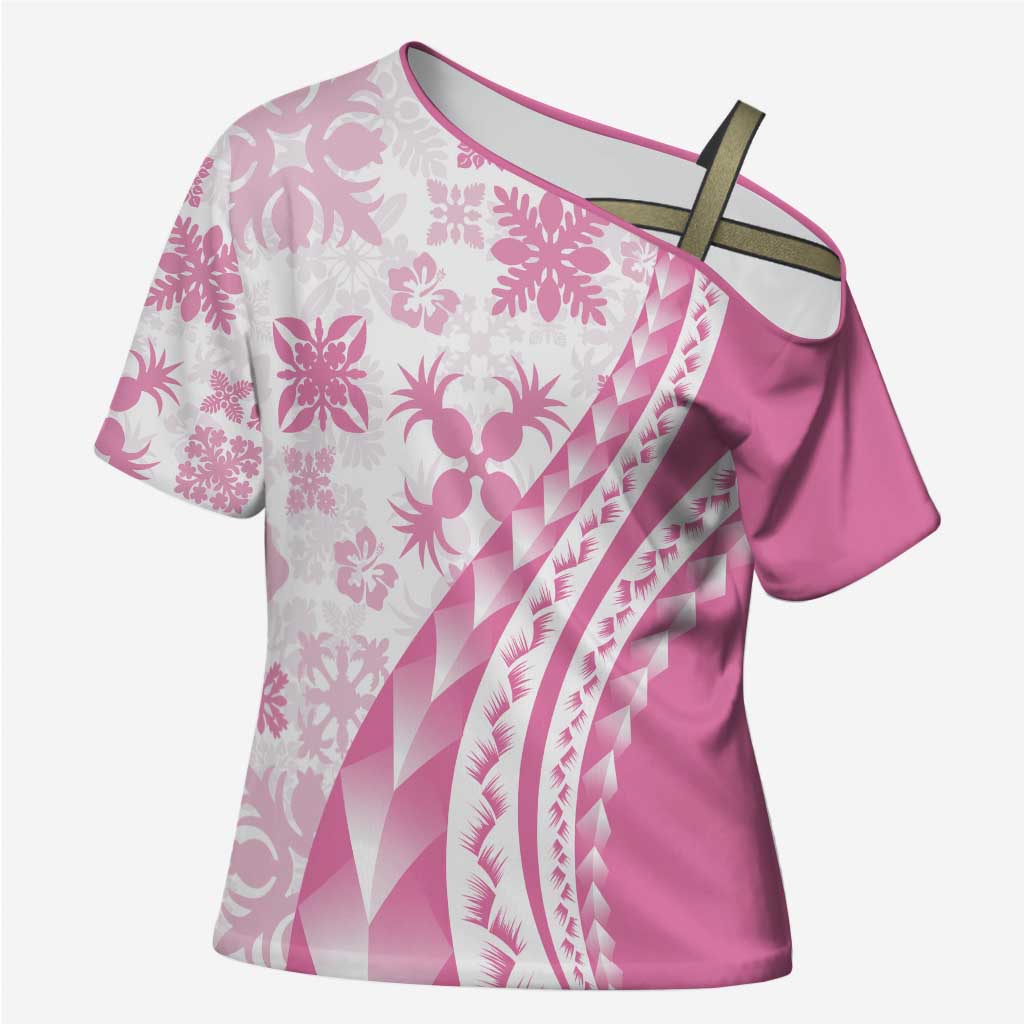 Pink Hawaiian Quilt Pattern Cross Shoulder Shirt Mixed Polynesian Tribal Arty - Polynesian Pride