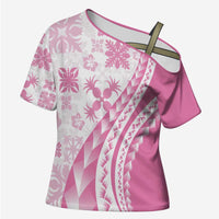 Pink Hawaiian Quilt Pattern Cross Shoulder Shirt Mixed Polynesian Tribal Arty - Polynesian Pride