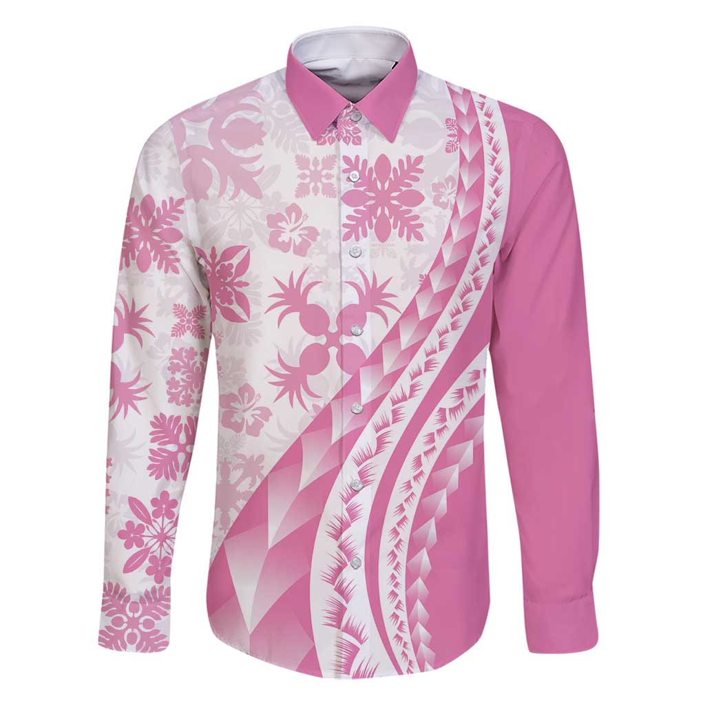 Pink Hawaiian Quilt Pattern Family Matching Mermaid Dress and Hawaiian Shirt Mixed Polynesian Tribal Arty LT9 Dad's Shirt - Long Sleeve Pink - Polynesian Pride