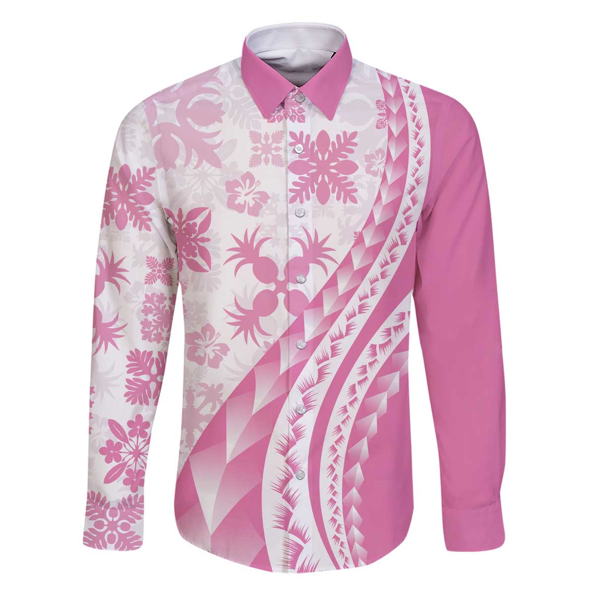 Pink Hawaiian Quilt Pattern Family Matching Off The Shoulder Long Sleeve Dress and Hawaiian Shirt Mixed Polynesian Tribal Arty