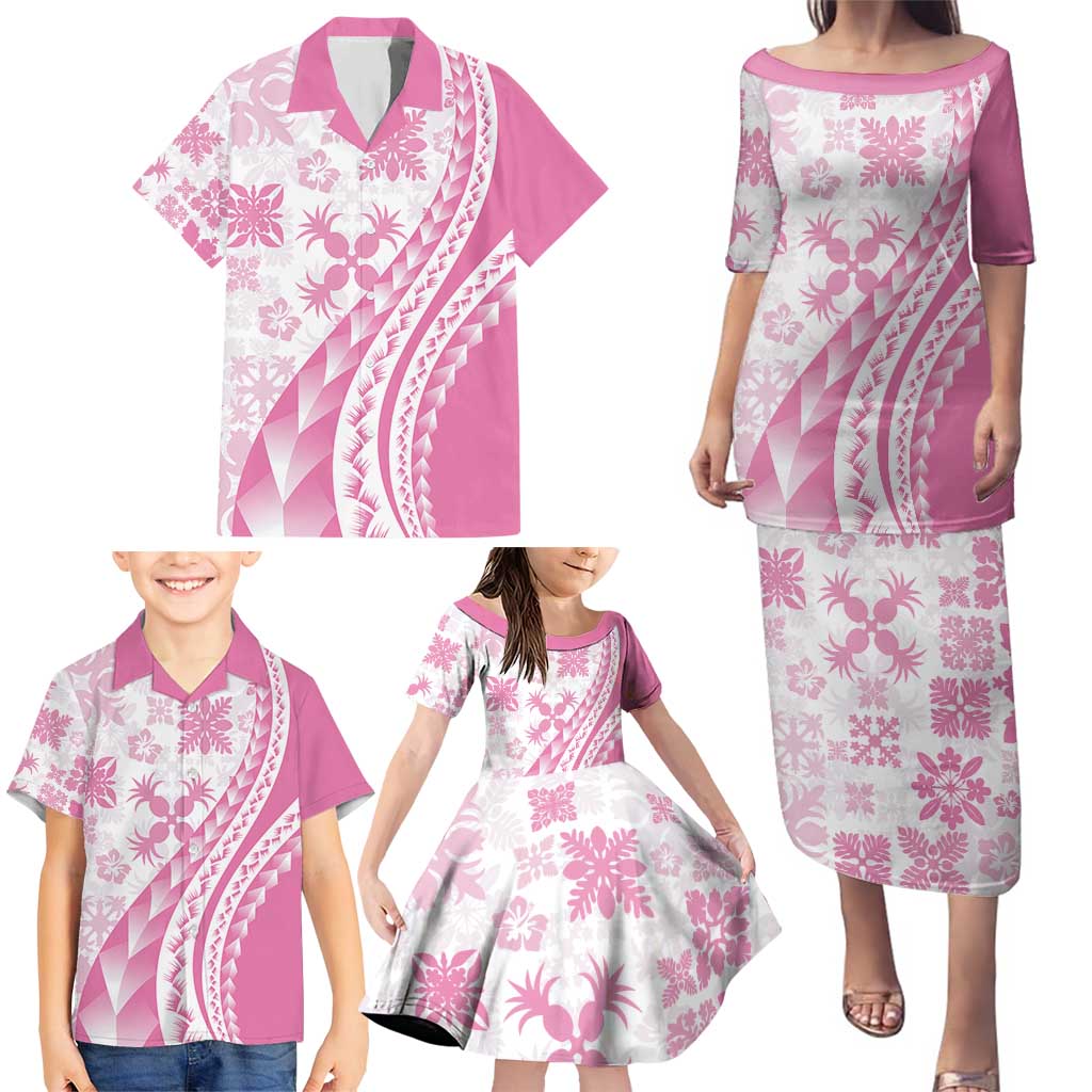 Pink Hawaiian Quilt Pattern Family Matching Puletasi and Hawaiian Shirt Mixed Polynesian Tribal Arty LT9 - Polynesian Pride