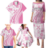 Pink Hawaiian Quilt Pattern Family Matching Puletasi and Hawaiian Shirt Mixed Polynesian Tribal Arty LT9 - Polynesian Pride