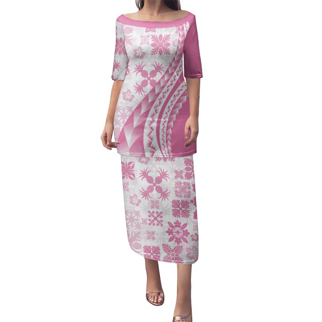 Pink Hawaiian Quilt Pattern Family Matching Puletasi and Hawaiian Shirt Mixed Polynesian Tribal Arty LT9 Mom's Dress Pink - Polynesian Pride