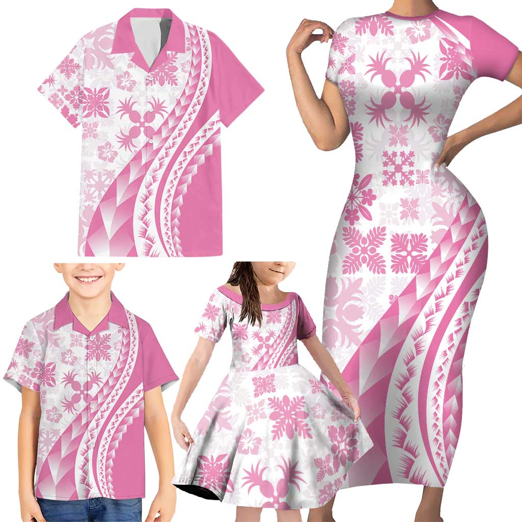 Pink Hawaiian Quilt Pattern Family Matching Short Sleeve Bodycon Dress and Hawaiian Shirt Mixed Polynesian Tribal Arty LT9 - Polynesian Pride