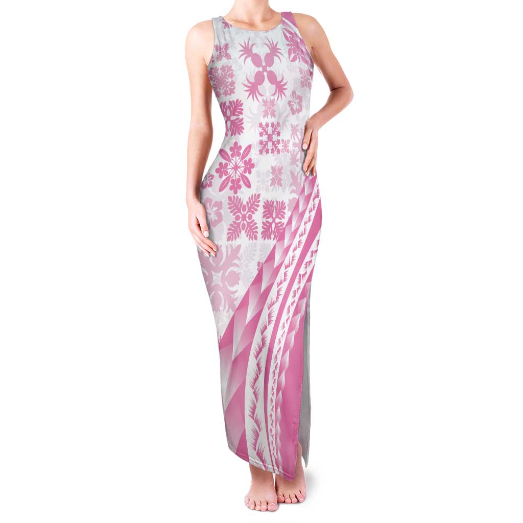 Pink Hawaiian Quilt Pattern Family Matching Tank Maxi Dress and Hawaiian Shirt Mixed Polynesian Tribal Arty LT9 Mom's Dress Pink - Polynesian Pride