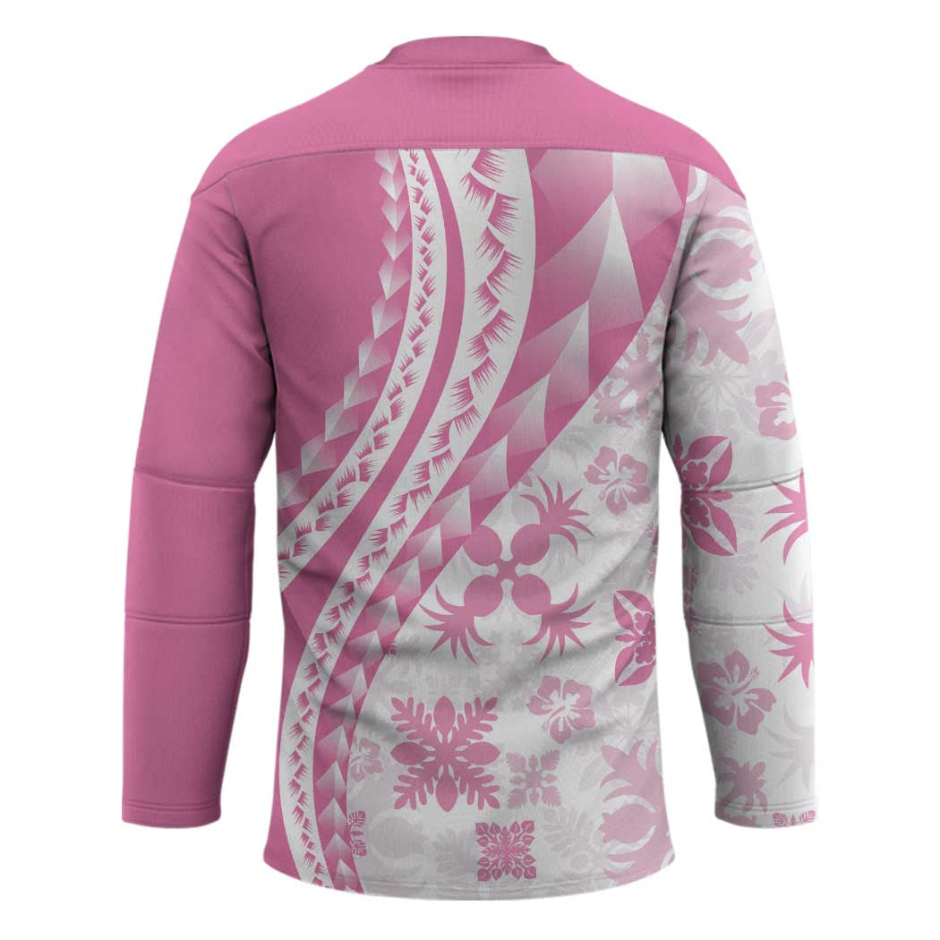 Pink Hawaiian Quilt Pattern Hockey Jersey Mixed Polynesian Tribal Arty - Polynesian Pride