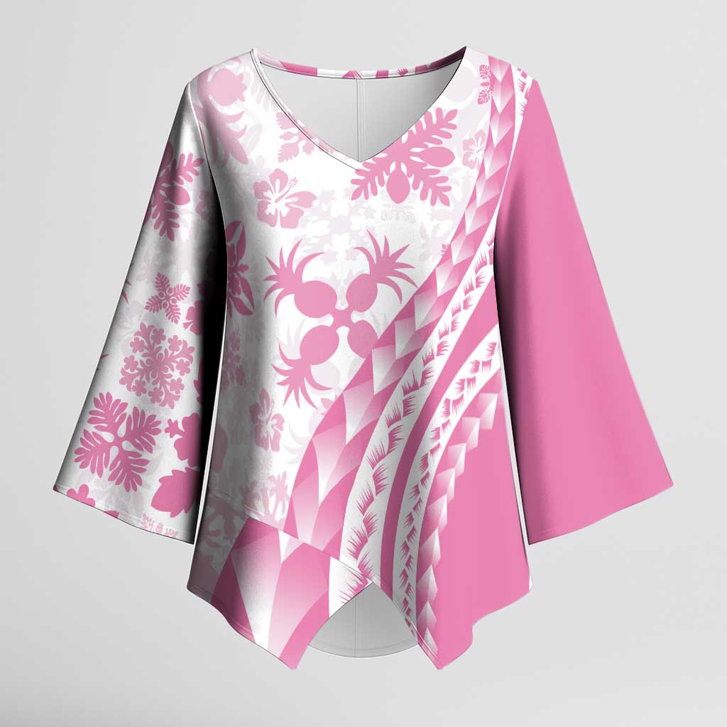 Pink Hawaiian Quilt Pattern Kimono Sleeve Blouse Mixed Polynesian Tribal Arty - Polynesian Pride